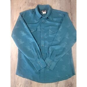 Wrangler Green Western Pearl Snap Shirt Mens Large L Cowboy Bull All Over Print‎